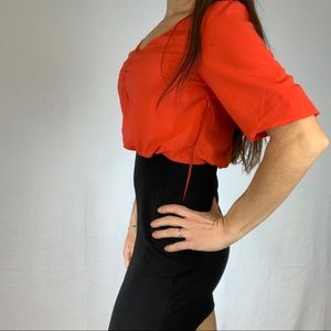 Red/orange and black double V-Neck dress